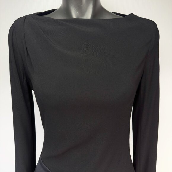 VANESSA BRUNO Draped Sheath Satin Band Long Sleeve Boat Neck Black Midi Dress 38 - Picture 3 of 11